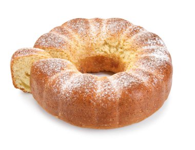 Beyaz üzerine izole edilmiş taze pişmiş sünger keki.