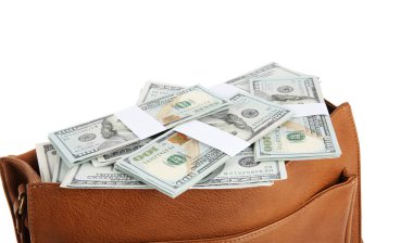 Deri çantadaki dolar banknotları beyaza izole edilmiş.