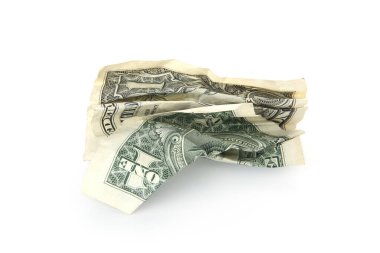 Buruşmuş bir dolar banknot beyaza izole edilmiş.
