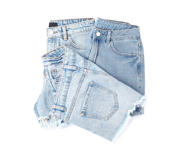 Stylish light blue denim shorts isolated on white, top view