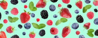Turkuaz arka planda taze böğürtlen karışımı
