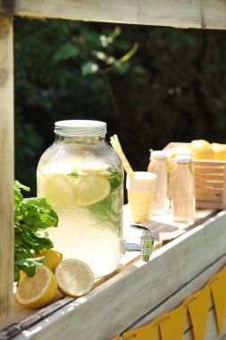 Limonata standı, ferahlatıcı içecek, taze meyve ve naneli şeker.