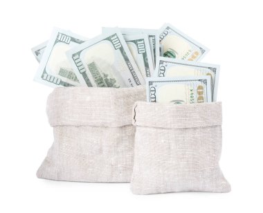 Beyaz torbalarda izole edilmiş dolar banknotları