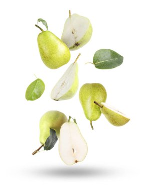 Taze armutlar ve yeşil yapraklar beyaz arkaplana düşüyor