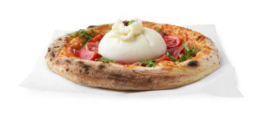 Delicious pizza with burrata cheese, arugula, tomato and ham isolated on white clipart