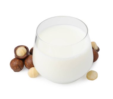 Beyaz üzerine izole edilmiş bir bardak Macadamia sütü ve fındık.