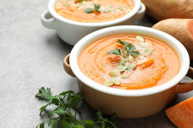 Lezzetli patates çorbası, kabak tohumları kaselerde ve taze malzemeler gri masada, yakın plan.