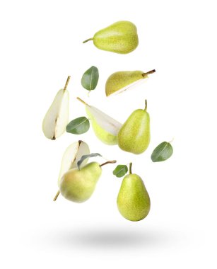 Taze armutlar ve yeşil yapraklar beyaz arkaplana düşüyor