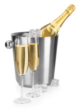 Şampanya ve kova, buzla kaplanmış beyaz.