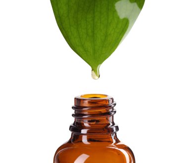 Temel yağ yeşil yapraktan beyaz arka planda şişeye damlıyor