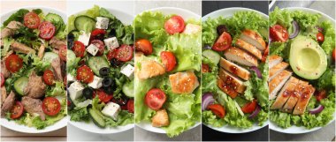 Masalarda bir sürü farklı salata, üst manzara. Ayarla