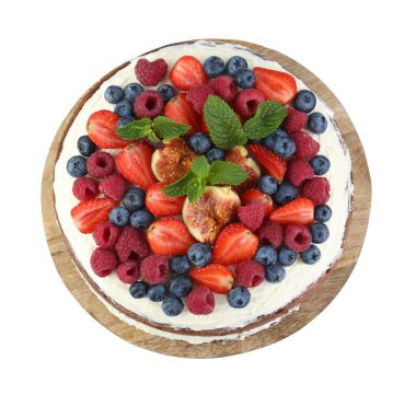 Lezzetli çikolatalı kek, beyaz böğürtlenli, üst manzara.