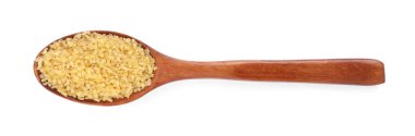 Tahta kaşıkta çiğ bulgur, beyaz, üst manzara