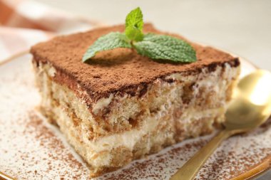 Bir parça lezzetli tiramisu. Masada taze nane var. Yakın plan.