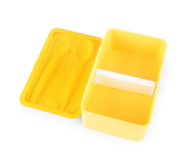 Beyaz çatal bıçak takımlı plastik beslenme çantası.