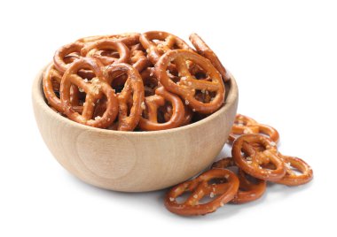 Delicious pretzel crackers in bowl isolated on white clipart