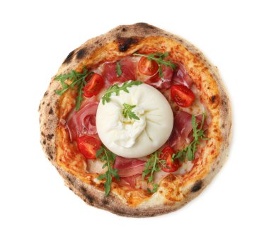 Delicious pizza with burrata cheese, arugula, tomato and ham isolated on white, top view clipart