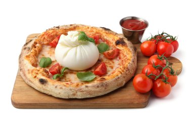 Delicious pizza with burrata cheese, basil, sauce and tomatoes isolated on white clipart