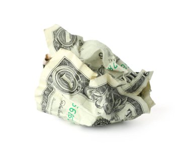 Kırışmış bir dolar banknot beyaza izole edilmiş.