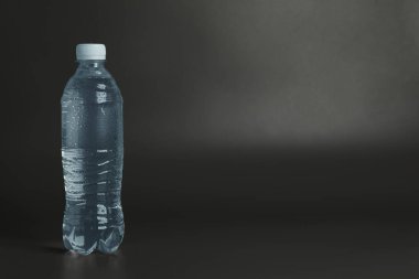 Gri arkaplanda plastik su şişesi, metin için boşluk