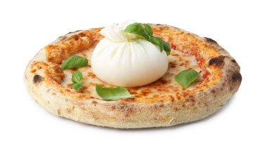 Delicious pizza with burrata cheese and basil isolated on white clipart