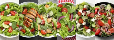 Masalarda bir sürü farklı salata, üst manzara. Ayarla
