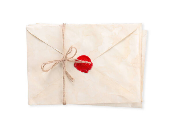 Stack of old letters with wax stamps on light grey background, top view