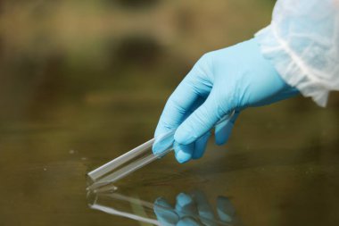 Su kalitesinin incelenmesi. Araştırmacı gölden su örneği alıyor, yakın plan.