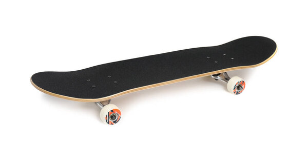 One modern skateboard with black griptape isolated on white