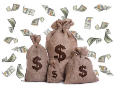 Çuvalların etrafında uçuşan dolar banknotları ve beyaz arka planda para birimi sembolleri.