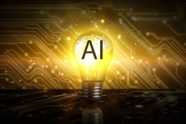 Ai kısaltması ve ampuldeki beynin illüstrasyonu ile elektronik devre şablonu olan karanlık arka plan karşı karşıya.