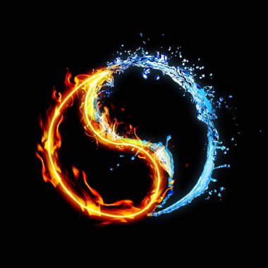 Siyah zemin üzerinde ateş ve sudan oluşan Yin ve Yang sembolü