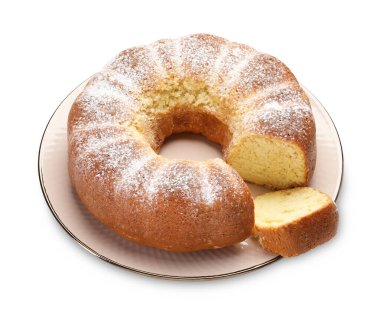 Beyaz üzerine izole edilmiş taze pişmiş sünger keki.