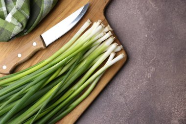 Kahverengi masada taze yeşil soğan ve bıçak, üst manzara. Metin için boşluk