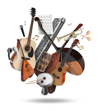 Beyaz havada farklı müzik aletleri