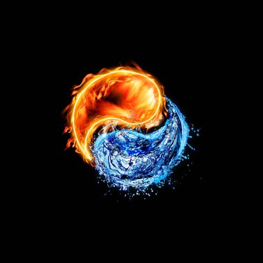 Siyah zemin üzerinde ateş ve sudan oluşan Yin ve Yang sembolü