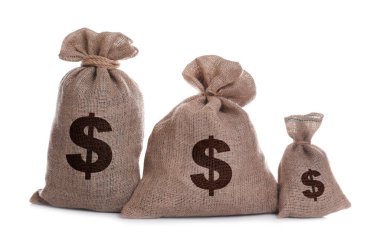 Çuvallardaki dolar işaretleri, beyaz arkaplan