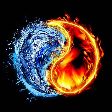 Siyah zemin üzerinde ateş ve sudan oluşan Yin ve Yang sembolü