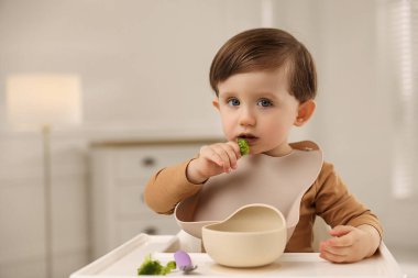 Evdeki yüksek sandalyedeki kaseden sağlıklı yiyecekler yiyen şirin bir bebek. Mesaj atmak için yer var.