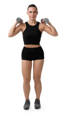 beyaz zemin üzerine dumbbells ile egzersiz kadın