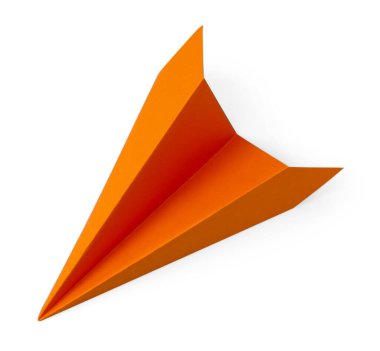 Bir el yapımı turuncu kağıt uçak beyaz, üst manzara