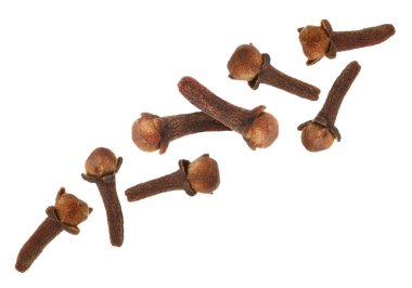 Beyaz arka planda karanfil tomurcukları var. Aromatik baharat