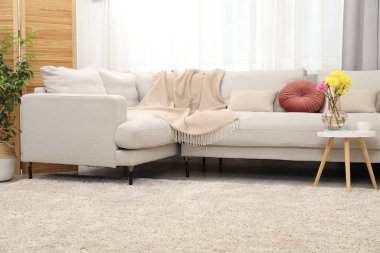 Oturma odasının içi aydınlık. Yastıklı rahat bir kanepe ve kapalı bir sehpa.