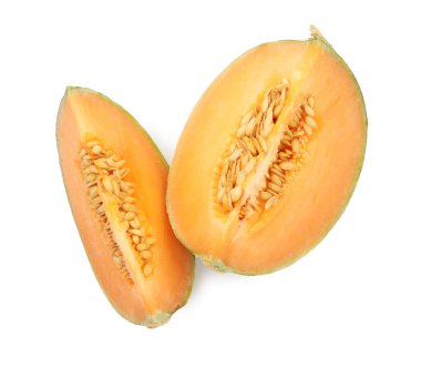 Kavun parçaları beyaza izole edilmiş, üstten.