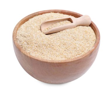 Yulaf kepçesi kasede ve kepçeyle bembeyaz