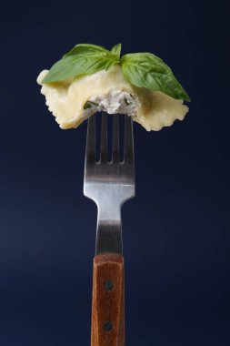 Peynirli ve fesleğenli lezzetli ravioli koyu mavi arka planda, yakın planda.