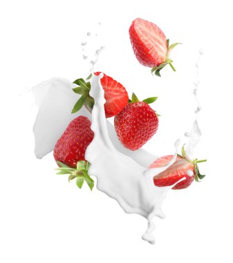 Beyaz arka planda çilek, süt ve yoğurt.