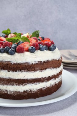 Lezzetli çikolatalı kek, üzerinde böğürtlen, yakın plan.