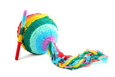 Parlak renkli pinata ve beyaz üzerine izole edilmiş sopa
