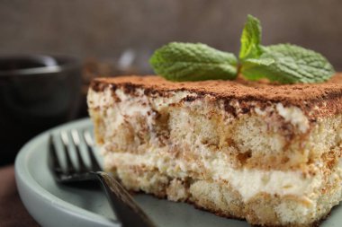 Bir parça lezzetli tiramisu. Masada taze nane var. Yakın plan.